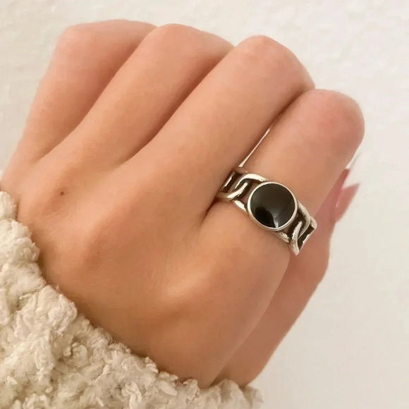 925 Sterling Silver Black Circle Ring Curb Link Ring Chain Link Ring Modern Ring - Picture 1 of 9